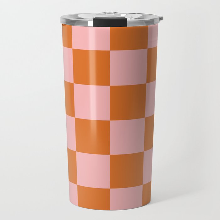 Checkerboard Check Pattern in Pink and Orange Travel Mug Gallery Image 1