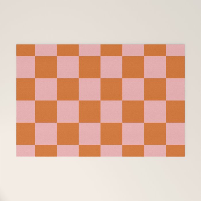 Checkerboard Check Pattern in Pink and Orange Welcome Mat Gallery Image 1