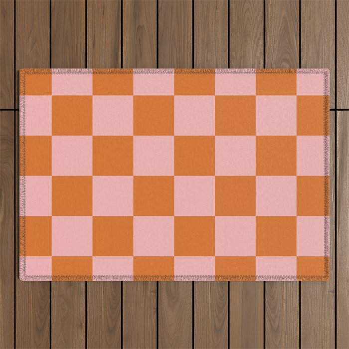 Checkerboard Check Pattern in Pink and Orange Outdoor Rug Gallery Image 1