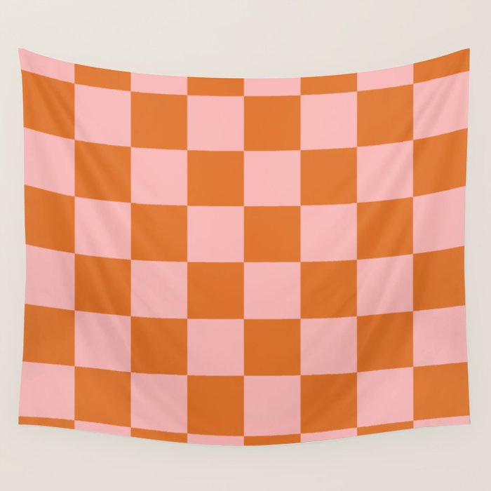 Checkerboard Check Pattern in Pink and Orange Wall Tapestry Gallery Image 1
