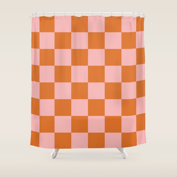 Checkerboard Check Pattern in Pink and Orange Shower Curtain Gallery Image 1