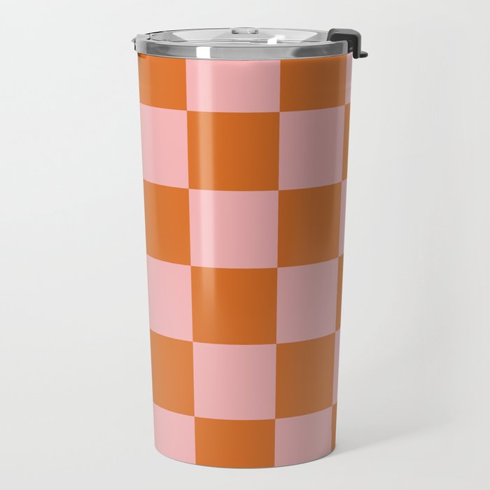 Checkerboard Check Pattern in Pink and Orange Travel Mug Gallery Image 2