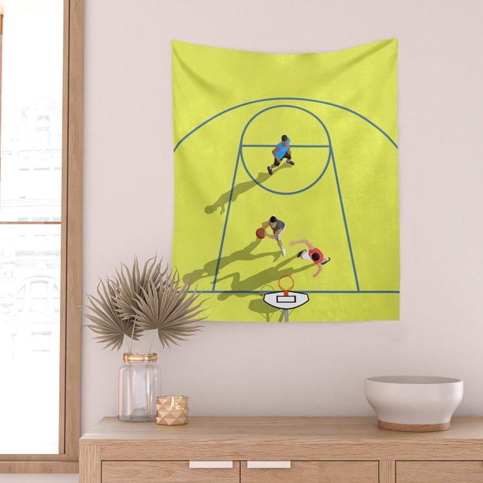 Bring Your Game to Life | Vibrant Yellow Basketball Court Artwork Wall Tapestry Gallery Image 2