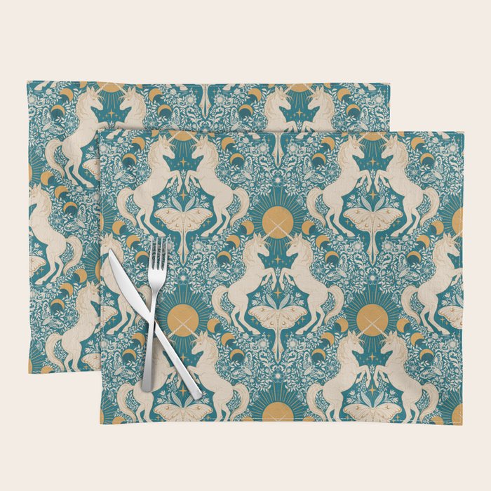 Celestial Unicorns In Turquoise and Gold Placemat Gallery Image 1