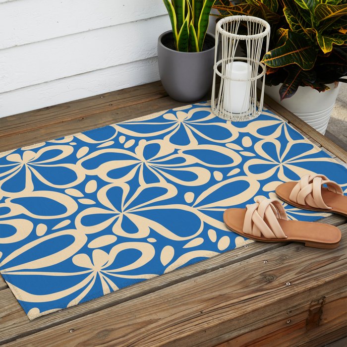 Blue abstract flower art pattern Outdoor Rug Gallery Image 2