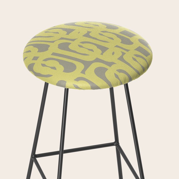 Mid Century Modern Abstract Loop Pattern in Light Linden Yellow and Gray Stool Gallery Image 2