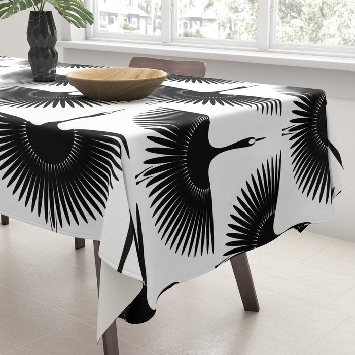 Japanese Crane Ornate Art Deco Monochrome Pattern Tablecloth Gallery Image 3