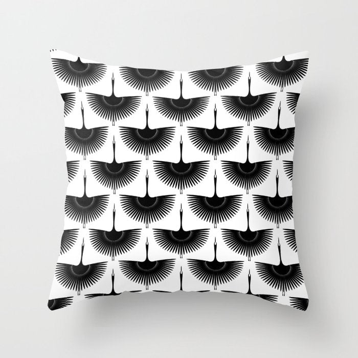 Japanese Crane Ornate Art Deco Monochrome Pattern Throw Pillow Gallery Image 1