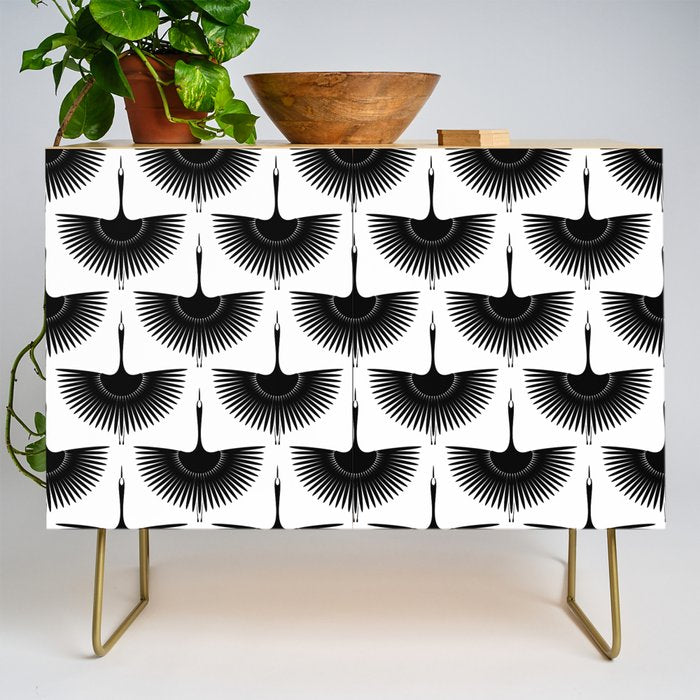 Japanese Crane Ornate Art Deco Monochrome Pattern Credenza Gallery Image 1