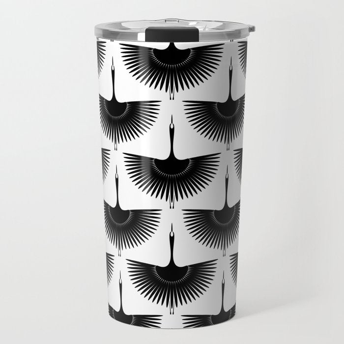 Japanese Crane Ornate Art Deco Monochrome Pattern Travel Mug Gallery Image 1