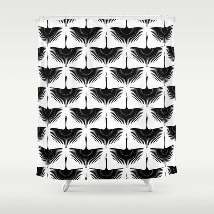 Japanese Crane Ornate Art Deco Monochrome Pattern Shower Curtain Gallery Image 1