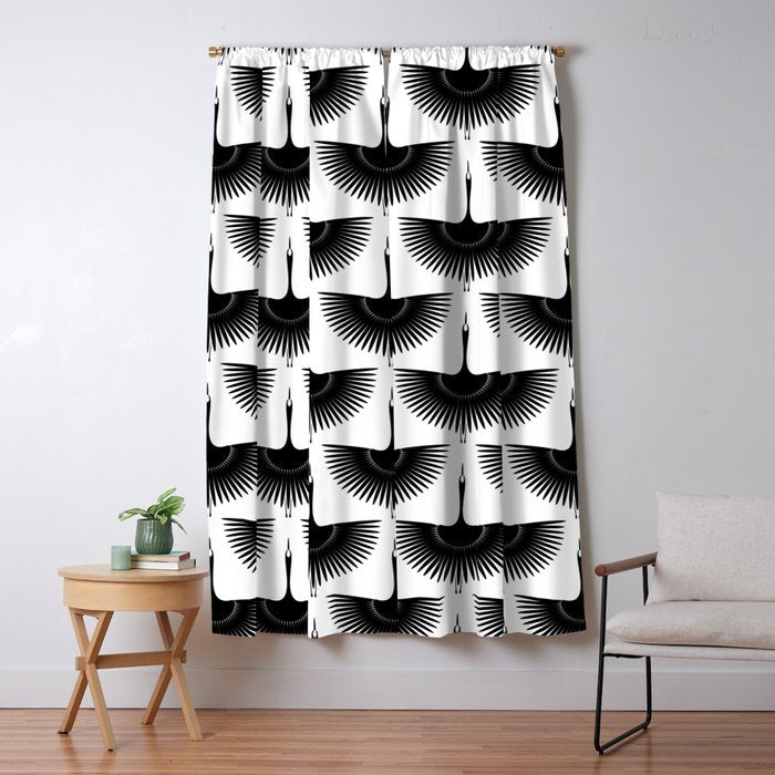 Japanese Crane Ornate Art Deco Monochrome Pattern Window Curtain Gallery Image 1