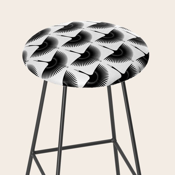 Japanese Crane Ornate Art Deco Monochrome Pattern Stool Gallery Image 2