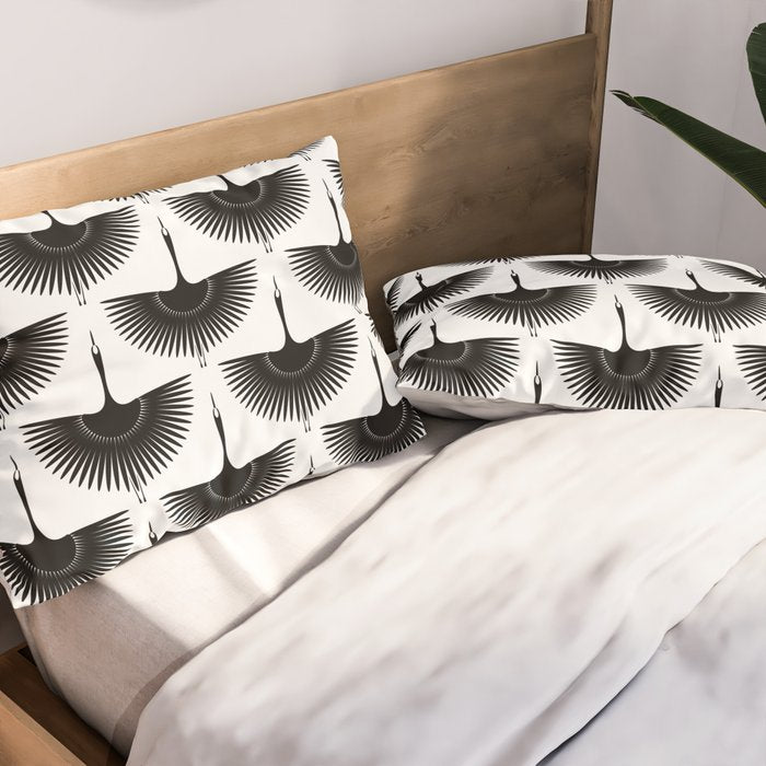 Japanese Crane Ornate Art Deco Monochrome Pattern Pillow Sham Gallery Image 2