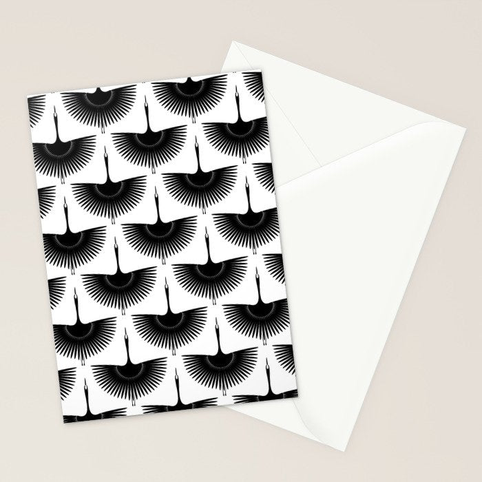 Japanese Crane Ornate Art Deco Monochrome Pattern Stationery Card Gallery Image 2