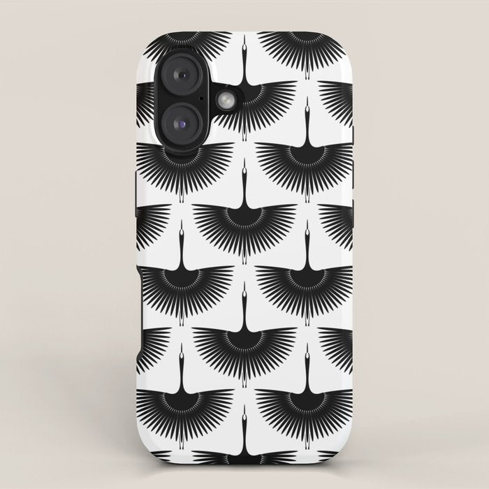 Japanese Crane Ornate Art Deco Monochrome Pattern iPhone Case Gallery Image 1