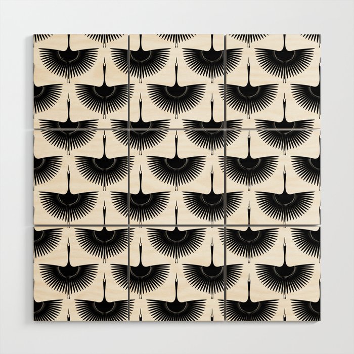 Japanese Crane Ornate Art Deco Monochrome Pattern Wood Wall Art Gallery Image 1