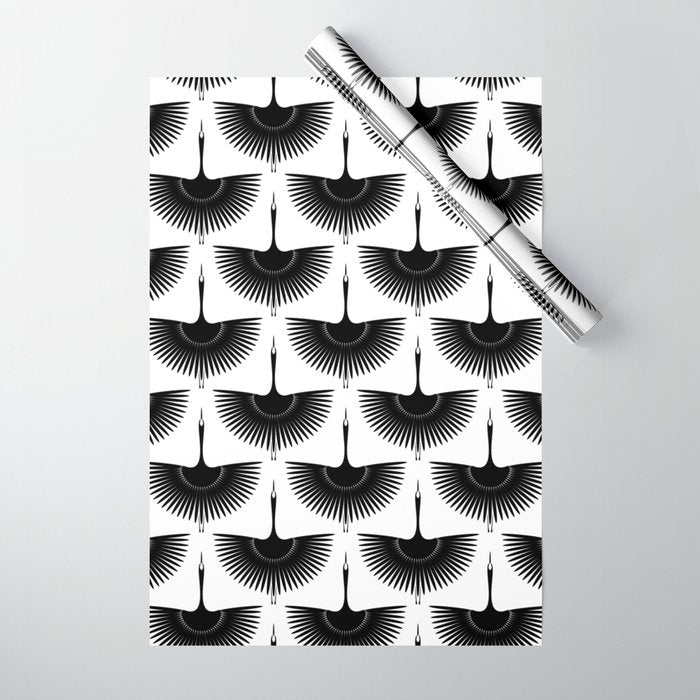 Japanese Crane Ornate Art Deco Monochrome Pattern Wrapping Paper Gallery Image 1