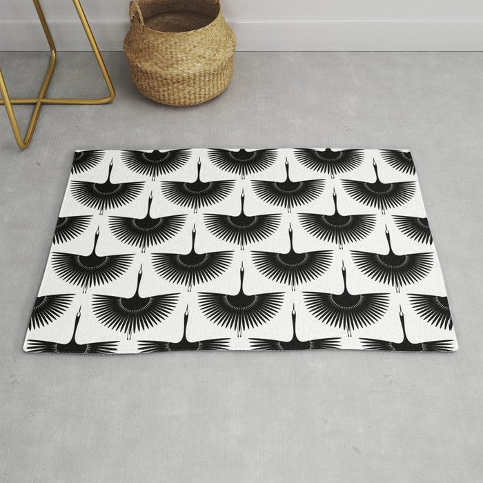 Japanese Crane Ornate Art Deco Monochrome Pattern Rug Gallery Image 1