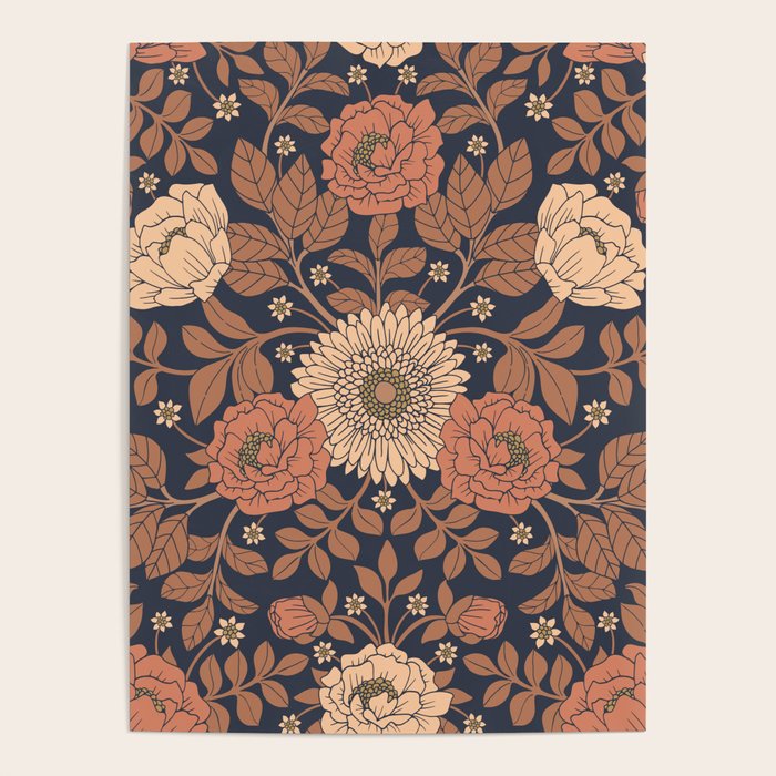 Peach, Dusty Rose, Mauve & Blue-Gray Floral Pattern Poster Gallery Image 1