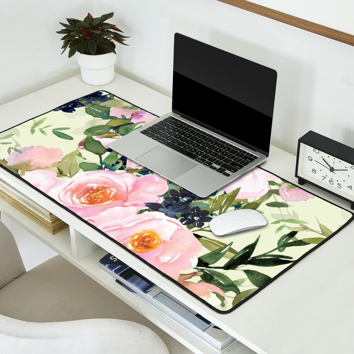 Floral Watercolor Rose Garden, Mint Green and Pink Desk Mat Gallery Image 2