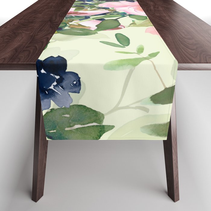 Floral Watercolor Rose Garden, Mint Green and Pink Table Runner Gallery Image 1