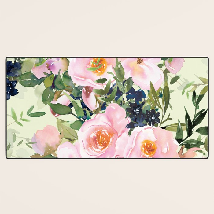 Floral Watercolor Rose Garden, Mint Green and Pink Desk Mat Gallery Image 3
