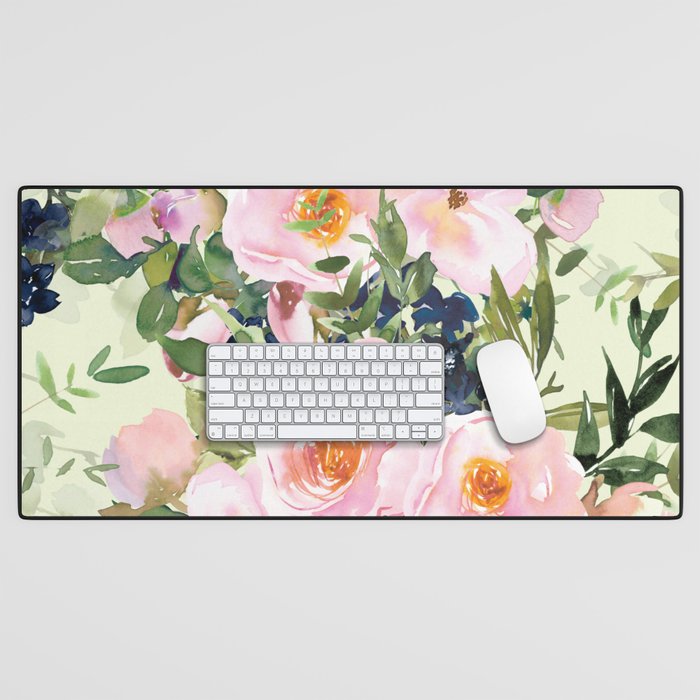 Floral Watercolor Rose Garden, Mint Green and Pink Desk Mat Gallery Image 1