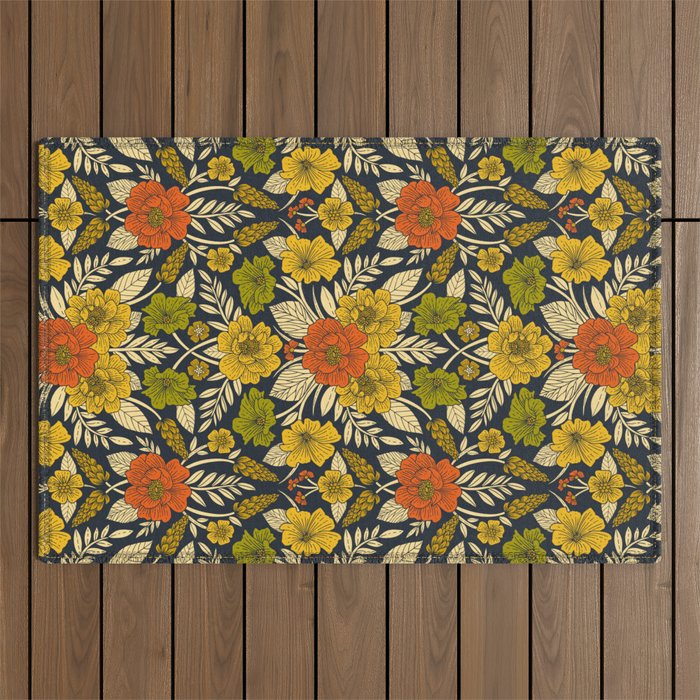 Modern Floral Pattern in Orange, Yellow, Green & Navy Outdoor Rug Gallery Image 1