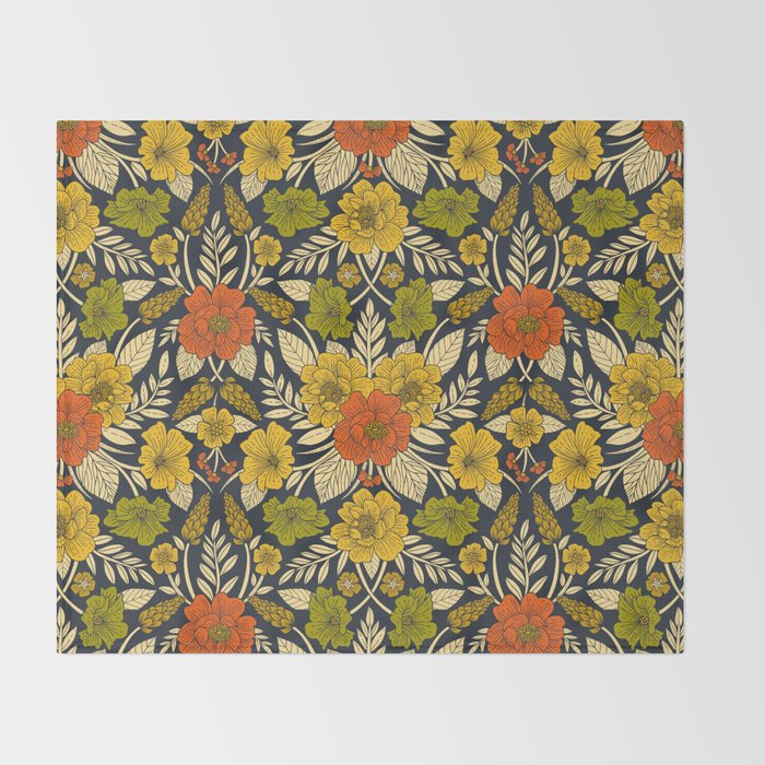 Modern Floral Pattern in Orange, Yellow, Green & Navy Throw Blanket Gallery Image 2