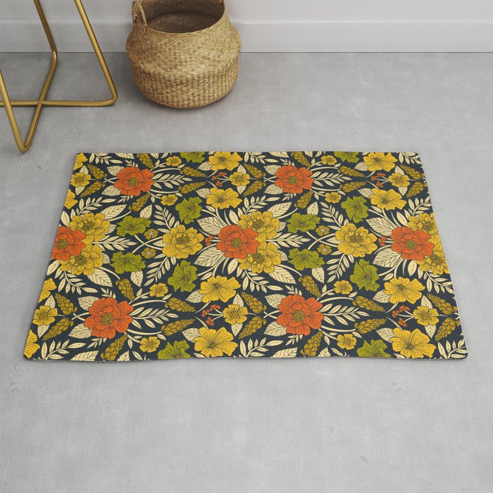 Modern Floral Pattern in Orange, Yellow, Green & Navy Rug Gallery Image 1
