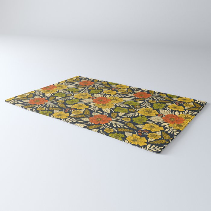 Modern Floral Pattern in Orange, Yellow, Green & Navy Rug Gallery Image 3