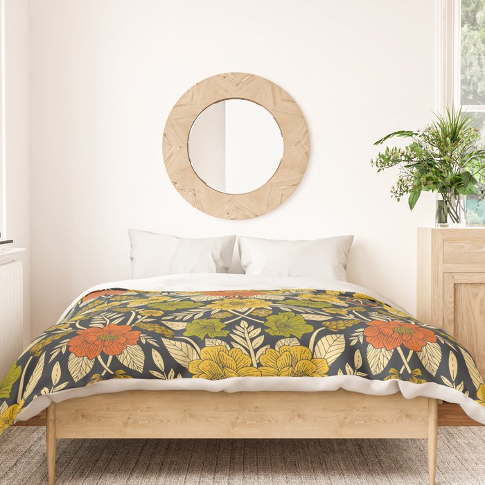 Modern Floral Pattern in Orange, Yellow, Green & Navy Duvet Cover Gallery Image 3