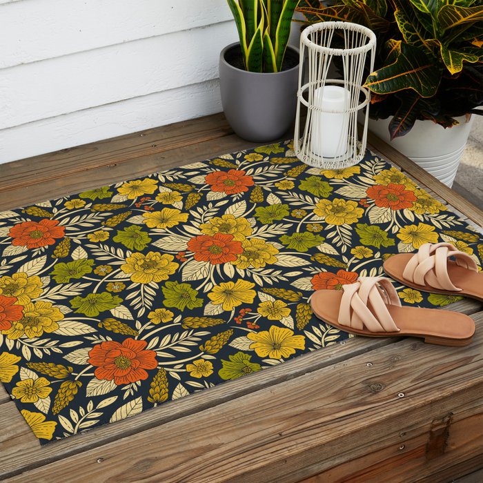 Modern Floral Pattern in Orange, Yellow, Green & Navy Outdoor Rug Gallery Image 2