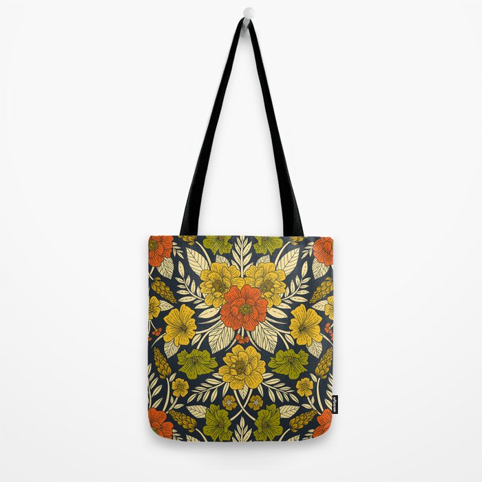 Modern Floral Pattern in Orange, Yellow, Green & Navy Tote Bag Gallery Image 2