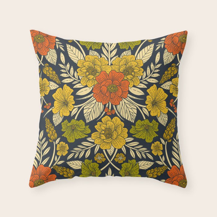 Modern Floral Pattern in Orange, Yellow, Green & Navy Throw Pillow Gallery Image 1