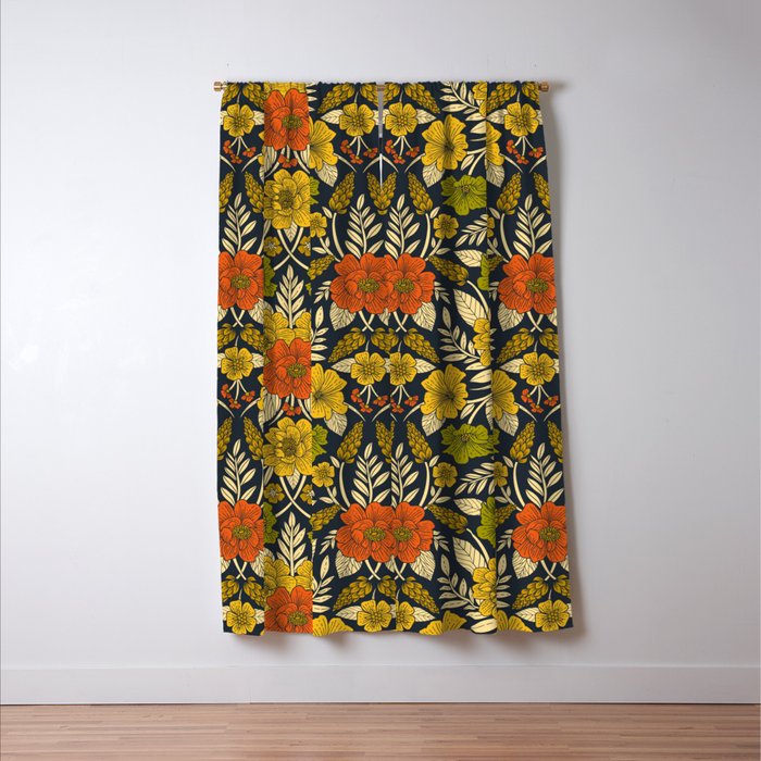 Modern Floral Pattern in Orange, Yellow, Green & Navy Window Curtain Gallery Image 3
