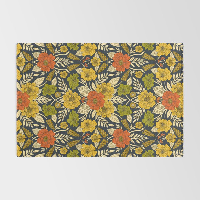 Modern Floral Pattern in Orange, Yellow, Green & Navy Rug Gallery Image 2