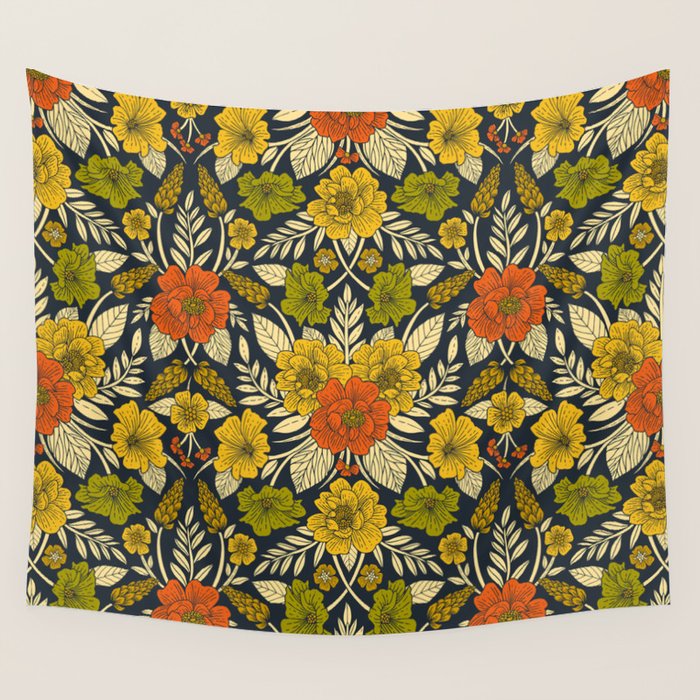 Modern Floral Pattern in Orange, Yellow, Green & Navy Wall Tapestry Gallery Image 4