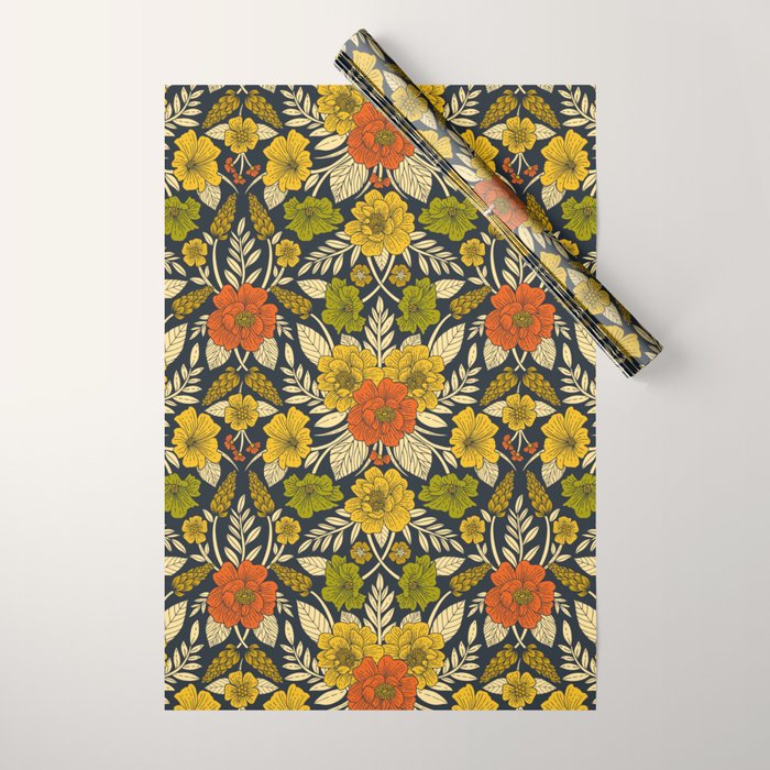 Modern Floral Pattern in Orange, Yellow, Green & Navy Wrapping Paper Gallery Image 1