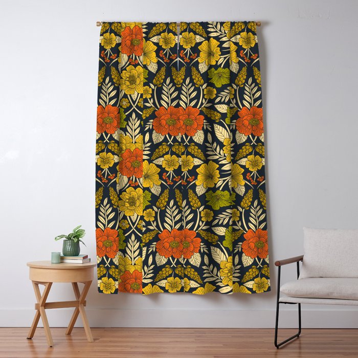 Modern Floral Pattern in Orange, Yellow, Green & Navy Window Curtain Gallery Image 5