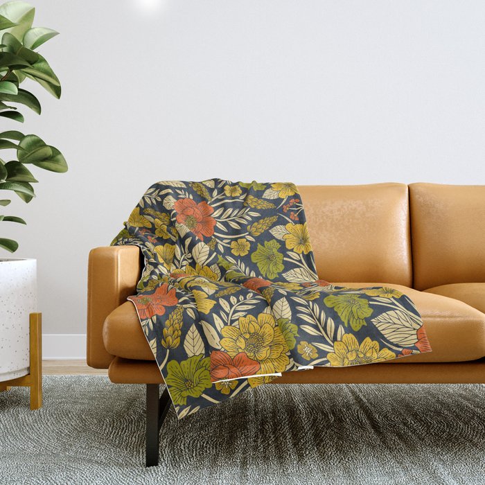 Modern Floral Pattern in Orange, Yellow, Green & Navy Throw Blanket Gallery Image 1