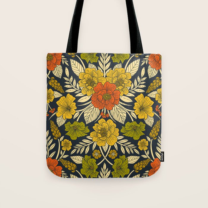 Modern Floral Pattern in Orange, Yellow, Green & Navy Tote Bag Gallery Image 1