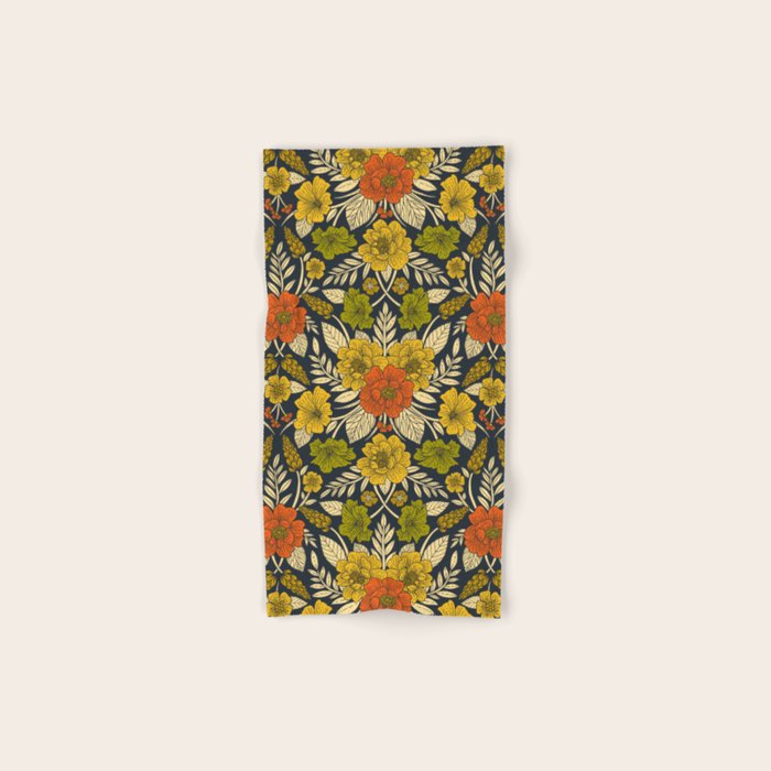 Modern Floral Pattern in Orange, Yellow, Green & Navy Bath Towel Gallery Image 1