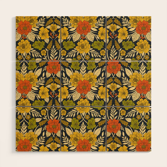Modern Floral Pattern in Orange, Yellow, Green & Navy Wood Wall Art Gallery Image 1