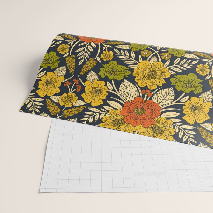 Modern Floral Pattern in Orange, Yellow, Green & Navy Wrapping Paper Gallery Image 2