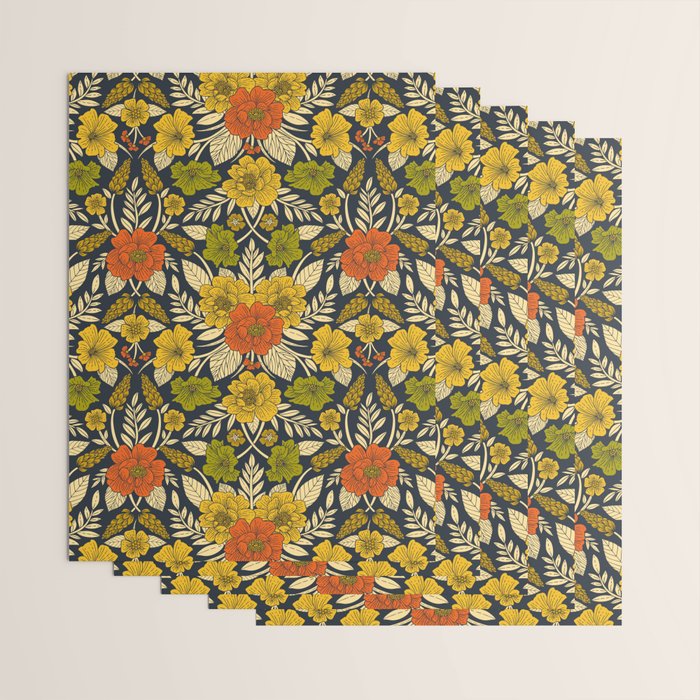 Modern Floral Pattern in Orange, Yellow, Green & Navy Wrapping Paper Gallery Image 3