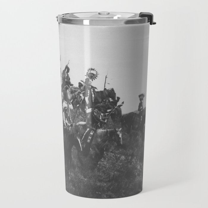 Oglala War Party Native American Oglala tribe in full headdress black and white photograph Travel Mug Gallery Image 2