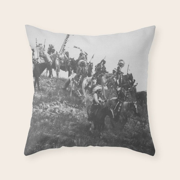 Oglala War Party Native American Oglala tribe in full headdress black and white photograph Throw Pillow Gallery Image 6