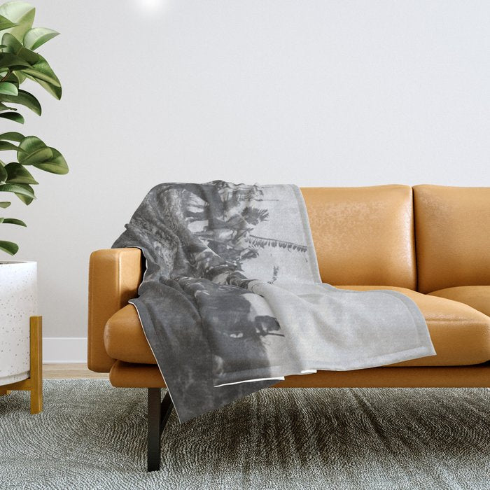 Oglala War Party Native American Oglala tribe in full headdress black and white photograph Throw Blanket Gallery Image 1